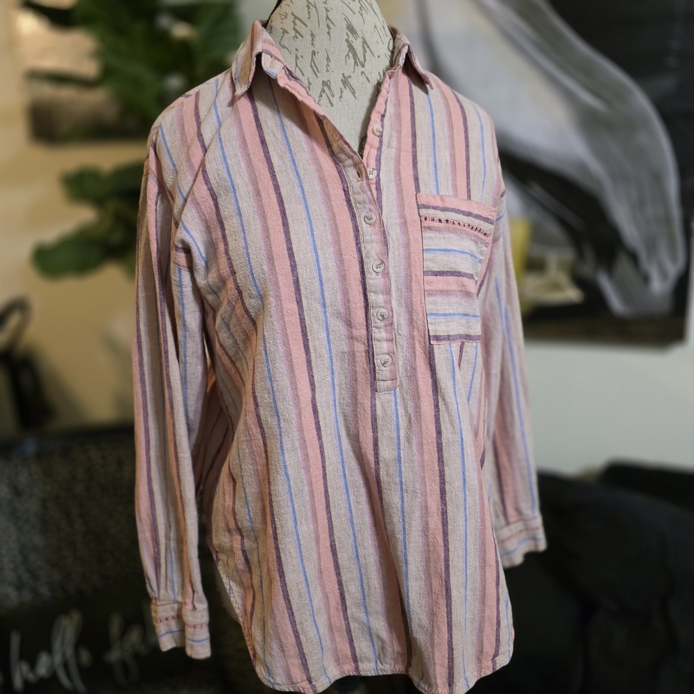 Maeve Linen Cotton Popover Button Up Striped Top